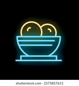 Simple neon icon of a bowl containing two round objects on a square coaster, glowing yellow and blue on a black background