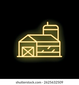 Simple neon icon of a farm building with a silo glowing yellow on a black background