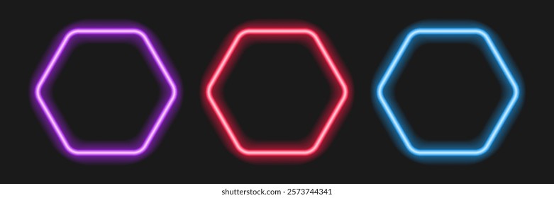 Simple neon light geometric Frames set. Three vibrant neon Hexagon shapes on dark backdrop. Blue red purple luminous glowing frames. Element for design