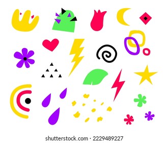 Simple neon shapes - flat design style icons set. High quality colorful images of crown, cactus, lightning, flower, moon, rhombus, heart, rainbow, rain, dots, star, spiral and geometric shapes