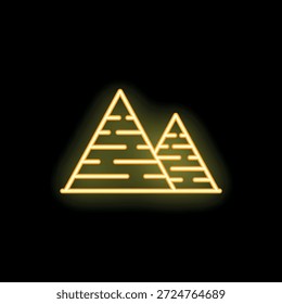 Simple neon sign depicting two pyramids glowing yellow against a dark background