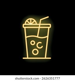 Simple neon yellow glowing icon graphic of a cocktail with a slice of lemon and a straw on a black background