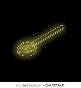 Simple neon yellow ladle with bubbles glowing on black background, ideal for food and beverage concepts