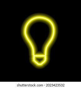 Simple neon yellow light bulb outline on black background. Vector illustration