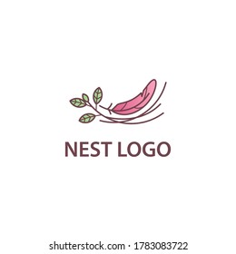 simple nest logo design with wings feather and leaf