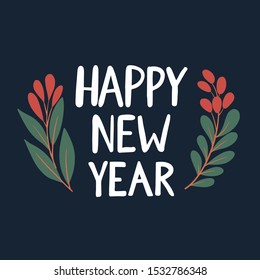 Simple New Year card design with hand drawn illustration and lettering. Vector holiday calligraphy phrase. Handwritten modern lettering for cards, posters, t-shirts, etc.