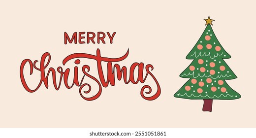 Simple New Year card design with an inscription on a beige background. Flat vector illustration of fir tree with colored balls.