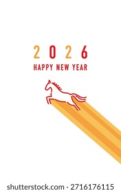 Cartão de Ano Novo simples com um cavalo de corrida, fundo branco, 2026 Ano do Cavalo, ilustração vetorial