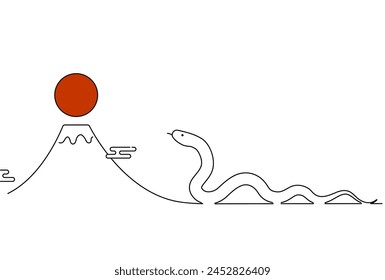 Simple New Year's card for the Year of the Snake 2025, undulating snake, Mt. Fuji and the first sunrise of the year, Vector Illustration