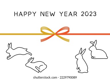 Tarjeta de felicitación simple de Año Nuevo para el año del conejo 2023, conejo y mizuhiki, material postal de Año Nuevo
