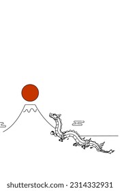 Simple New Year's greeting card for the year of the dragon 2024, dragon, Fuji and the first sunrise of the year, New Year postcard material.