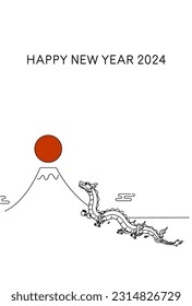 Simple New Year's greeting card for the year of the dragon 2024, dragon, Fuji and the first sunrise of the year, New Year postcard material. - Translation: Happy New Year.
