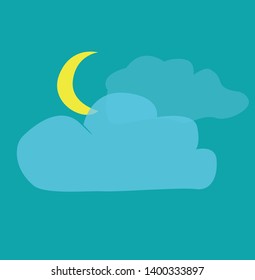 Simple night illustration in cartoon style. Night, moon and two clouds in the blue sky.