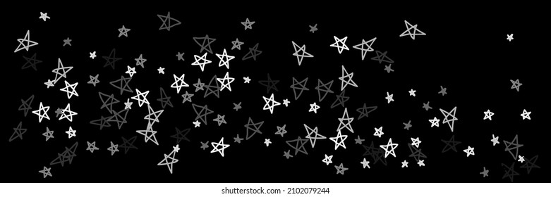 Simple Night Sky Dark Naive Grey Chaotic Childish Stars Background. Monochrome Gray Kids Stars Bright Kids White Handdrawn Illustration. Art Retro Stars White Bright Black Handdrawn Stars.