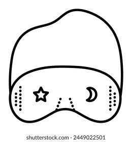 Simple night sleep eye mask with a rubber band. Vector black line icon, pictogram in minimal style. Monochrome outline blindfold with a star and moon images