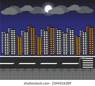 Simple night town view with glowing moon