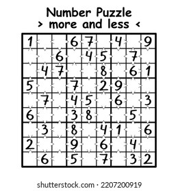 Simple nine by nine sudoku game with math symbols more and less vector.