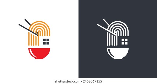 Simple Noodle Home Logo. Bowl, Noodle and Home, House, Restaurant Food with Linear Outline Style. Noodle Homade Logo Icon Symbol Vector Design Inspiration.