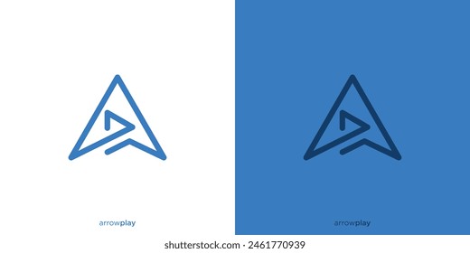 Simple North Play Logo Design. Abstract Up Arrow and Play Button with Line Art, Outline Style Graphic.