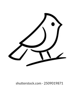 Simple Northern Cardinal line drawing. Black and white bird on a branch outline. Minimal logo or icon, vector clip art illustration.