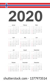 Simple Norwegian 2020 year vector calendar. Week starts from Sunday.