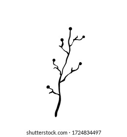 Simple not perfect black branch silhouette with berries. Icon illustration isolated on white. Hand drawing vector asia sign, symbol. Wabi sabi japanese style.