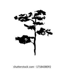 Simple not perfect black silhouette  imprint tree pine, bonsai . Illustration isolated on white. Hand drawing vector asia sign, symbol. Asian style.