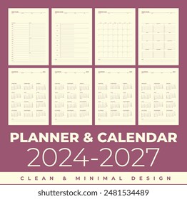 Simple note calendar 2024, 2025, 2026, 2027 in clean and minimal design