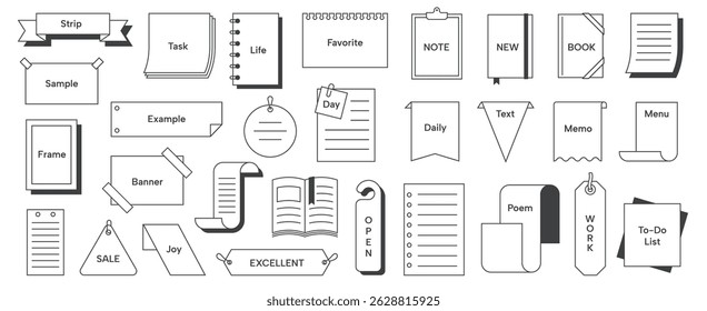 Simple note frame. Book memo sticky note, minimalist Japanese decorative notes paper labels with text. Vector memo frames set.