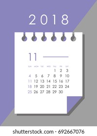 Simple November 2018 calendar. Week starts from Sunday.
