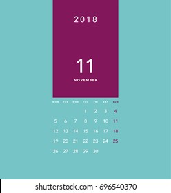 Simple November 2018 calendar. Week starts from Monday.
