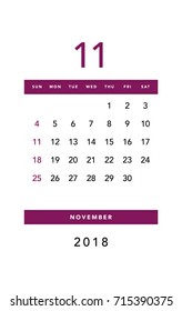 Simple November 2018 calendar. Week starts from Sunday.