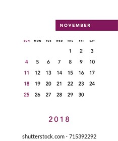 Simple November 2018 calendar. Week starts from Sunday.
