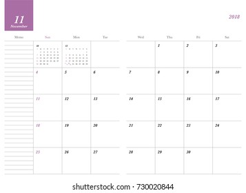 Simple November 2018 calendar. Week starts from Sunday.