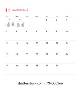 Simple November 2018 calendar. Week starts from Sunday.