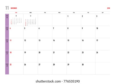 Simple November 2018 calendar. Week starts from Sunday.