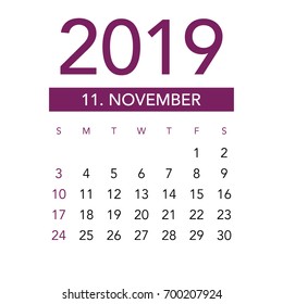 Simple November 2019 calendar. Week starts from Sunday.