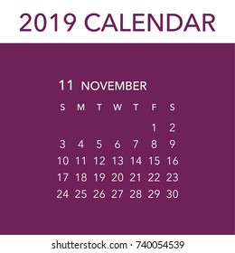 Simple November 2019 calendar. Week starts from Sunday.