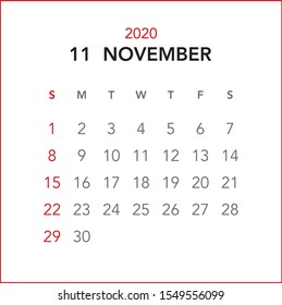 Simple November 2020 calendar. Week starts from Sunday.