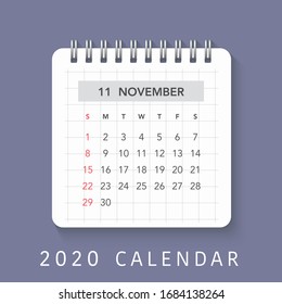 Simple November 2020 calendar. Week starts from Sunday.