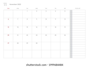 Simple November 2022 calendar template illustration.