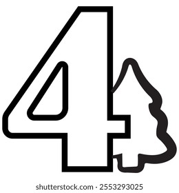 simple number four design with Christmas design, namely Christmas tree drawn in black outline, for Christmas designs, patterns or posters