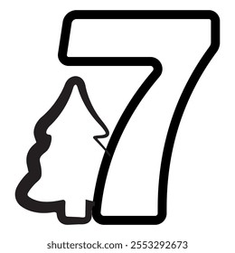 simple number seven design with Christmas design, namely Christmas tree drawn in black outline, for Christmas designs, patterns or posters