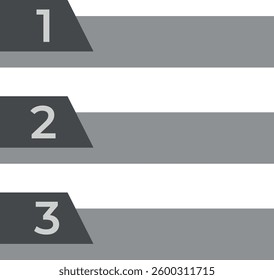 Simple numbered list with three horizontal bars, each featuring a dark gray triangle on the left containing light gray numbers 1, 2, and 3, alternately shaded. List, numbers, infographic