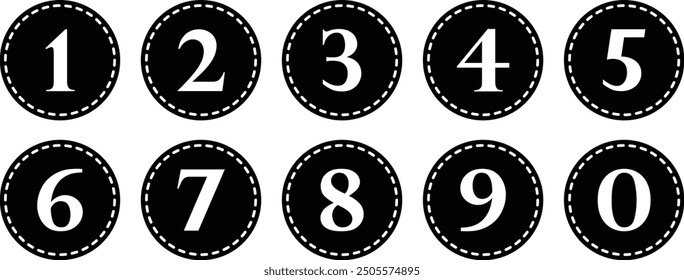 simple numbers icon with black circle. from 0 to 9. number button vector illustration.