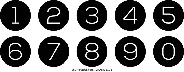 simple numbers icon with black circle. from 0 to 9. number button art vector illustration.