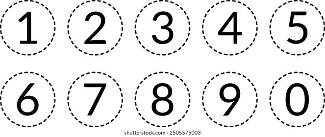 simple numbers icon with black dash line circle. from 0 to 9. number button vector illustration.