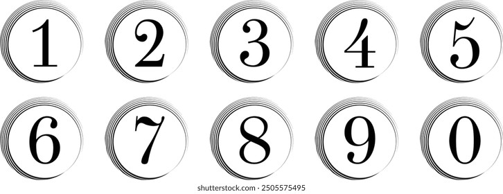 simple numbers icon with black scroll circle. from 0 to 9. number button vector illustration.