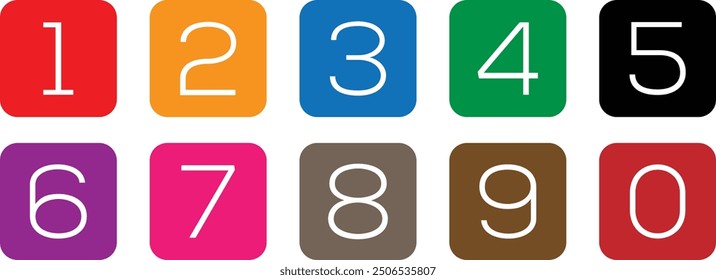 simple numbers icon with different color rounded rectangle. from 0 to 9. number button art vector illustration.
