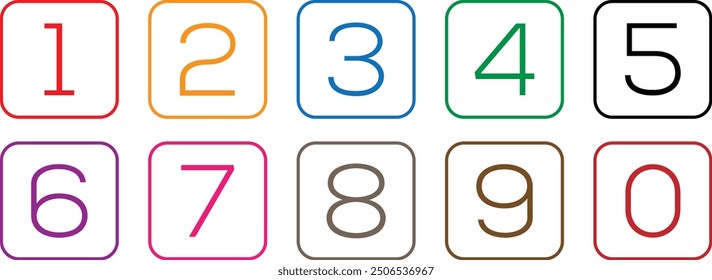 simple numbers icon with different color rounded line rectangle. from 0 to 9. number button art vector illustration.